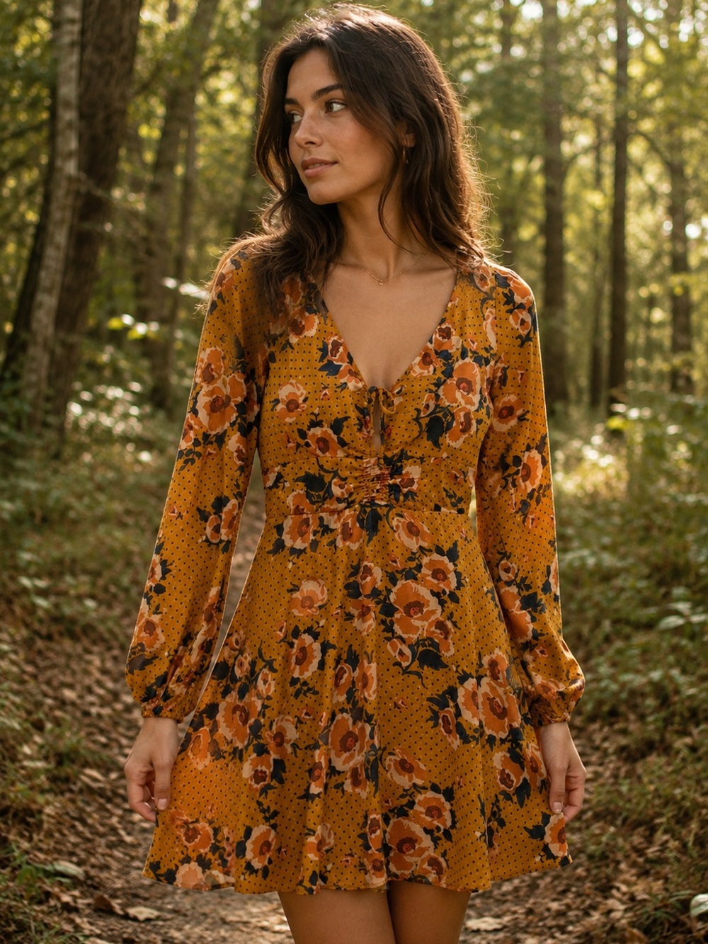 Free People Mustard Floral Mini Dress Size 4 Boho Cottagecore Long Sleeve